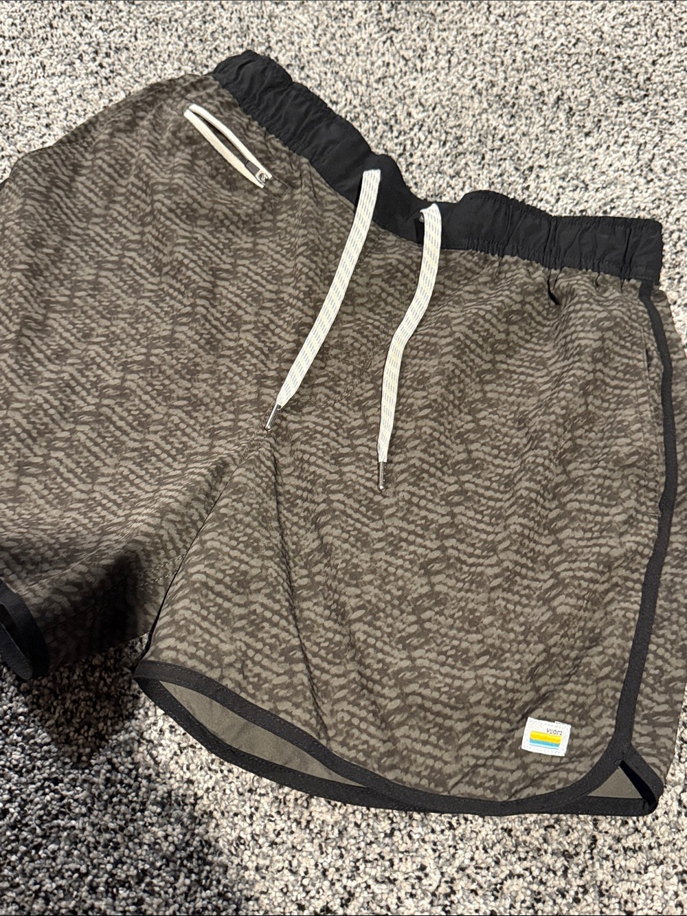Vuori Olive Patterned Athletic Shorts with Black Waistband